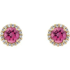 14KT GOLD 0.56 CTW PINK TOURMALINE & 1/6 CTW DIAMOND HALO EARRINGS