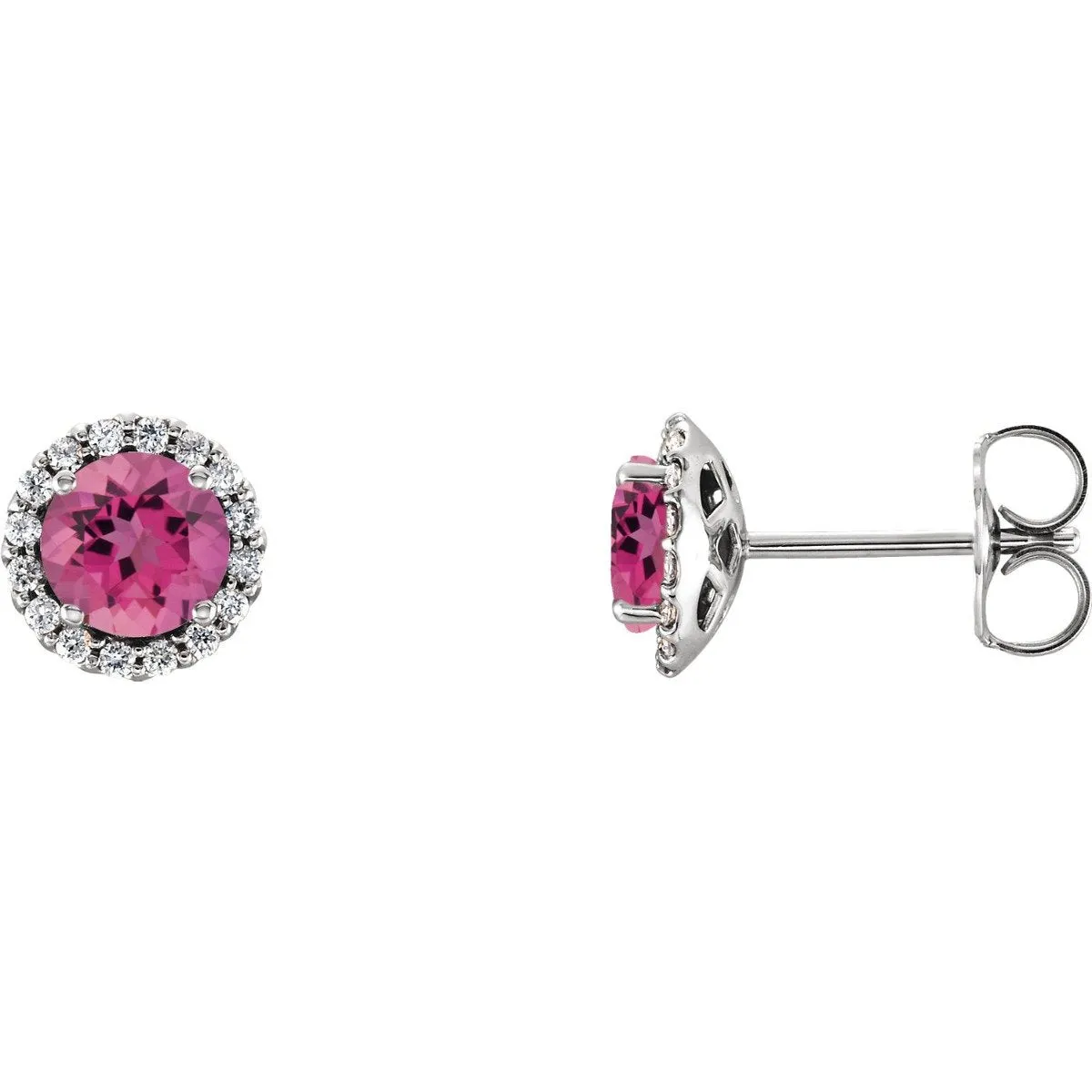 14KT GOLD 0.56 CTW PINK TOURMALINE & 1/6 CTW DIAMOND HALO EARRINGS