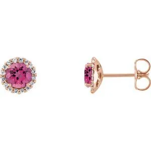 14KT GOLD 0.56 CTW PINK TOURMALINE & 1/6 CTW DIAMOND HALO EARRINGS