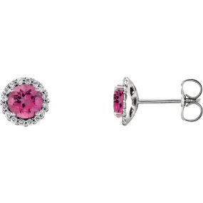 14KT GOLD 0.56 CTW PINK TOURMALINE & 1/6 CTW DIAMOND HALO EARRINGS