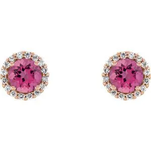 14KT GOLD 0.56 CTW PINK TOURMALINE & 1/6 CTW DIAMOND HALO EARRINGS