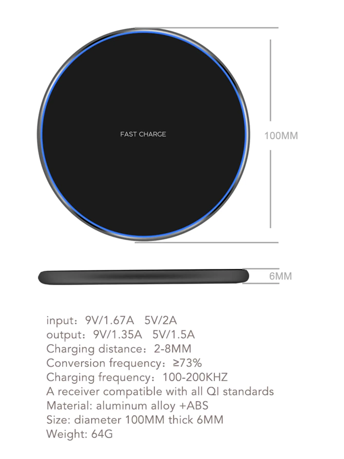 1pc 10W Wireless Charger With Data Cable