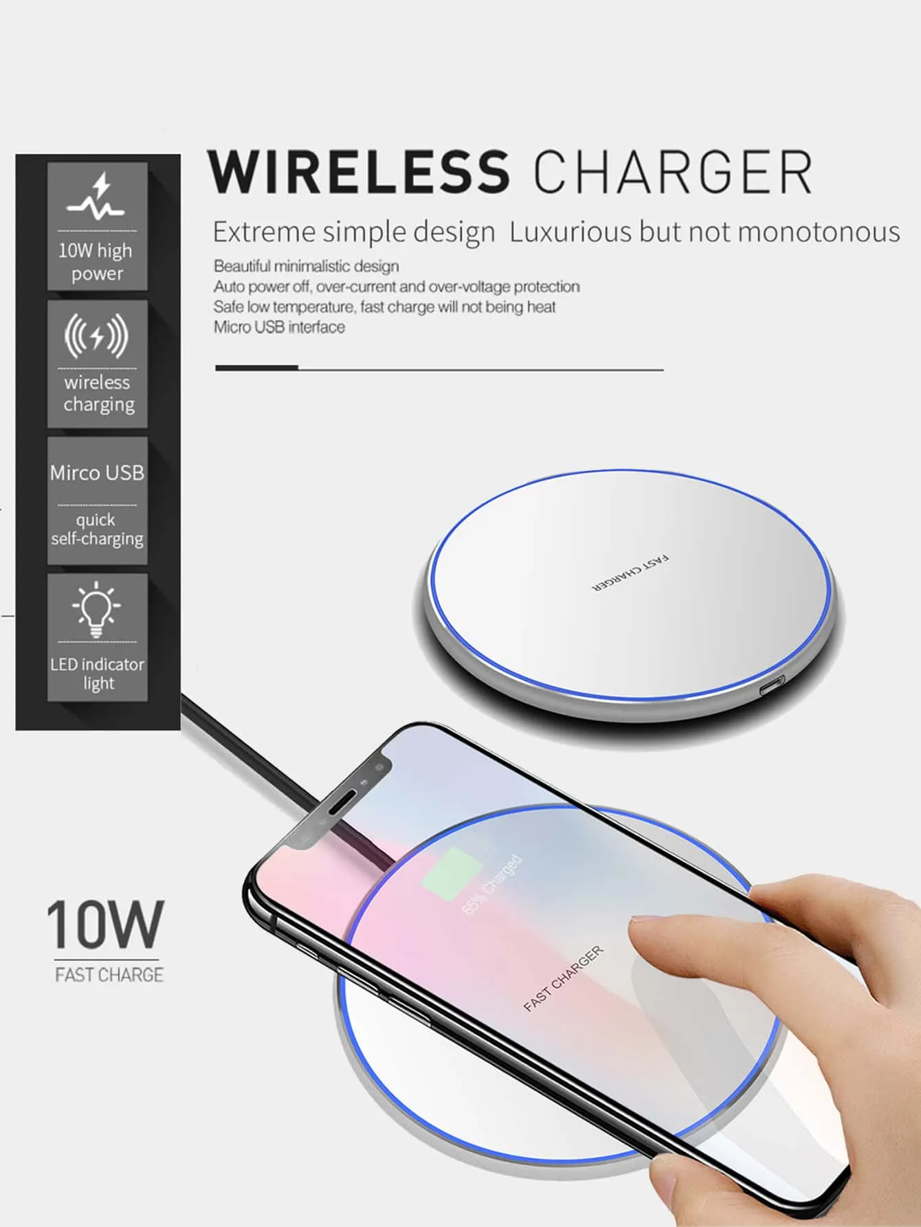 1pc 10W Wireless Charger With Data Cable