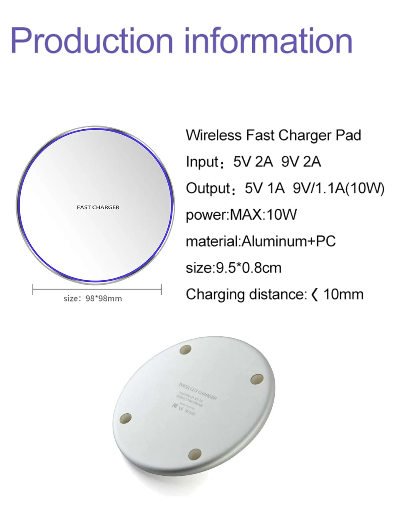 1pc 10W Wireless Charger With Data Cable