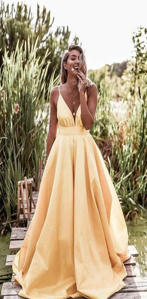 2019 V-Neck Satin Long Prom Dress, A-line Prom Dress, Prom Dress