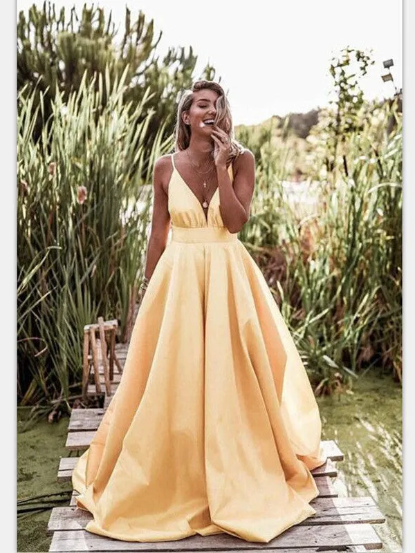 2019 V-Neck Satin Long Prom Dress, A-line Prom Dress, Prom Dress