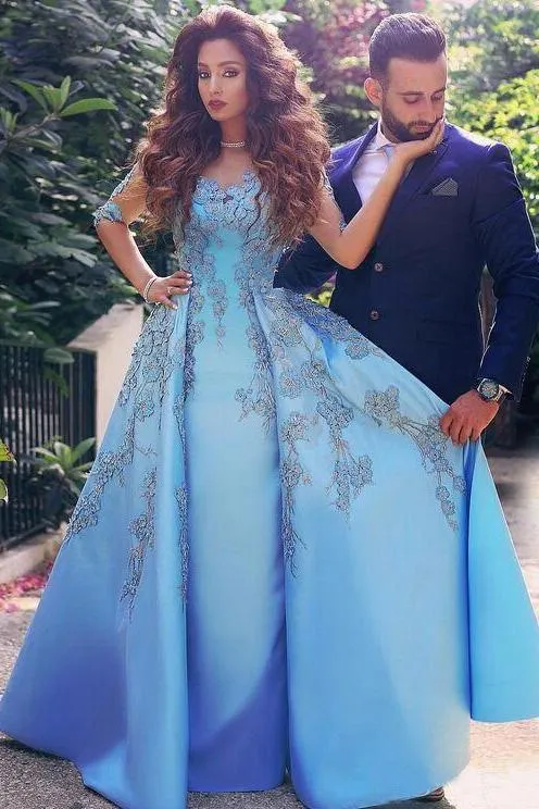 A line Blue Half Sleeve Satin Beads Prom Dresses Sweetheart Lace Appliques Formal Dress JS551