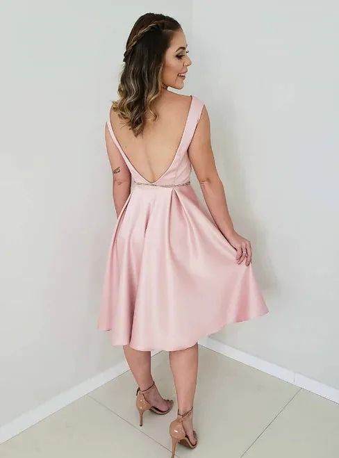 A-line Cap-sleeves Simple Pink Satin Long Homecoming Dress, HD0158