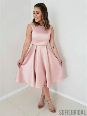 A-line Cap-sleeves Simple Pink Satin Long Homecoming Dress, HD0158