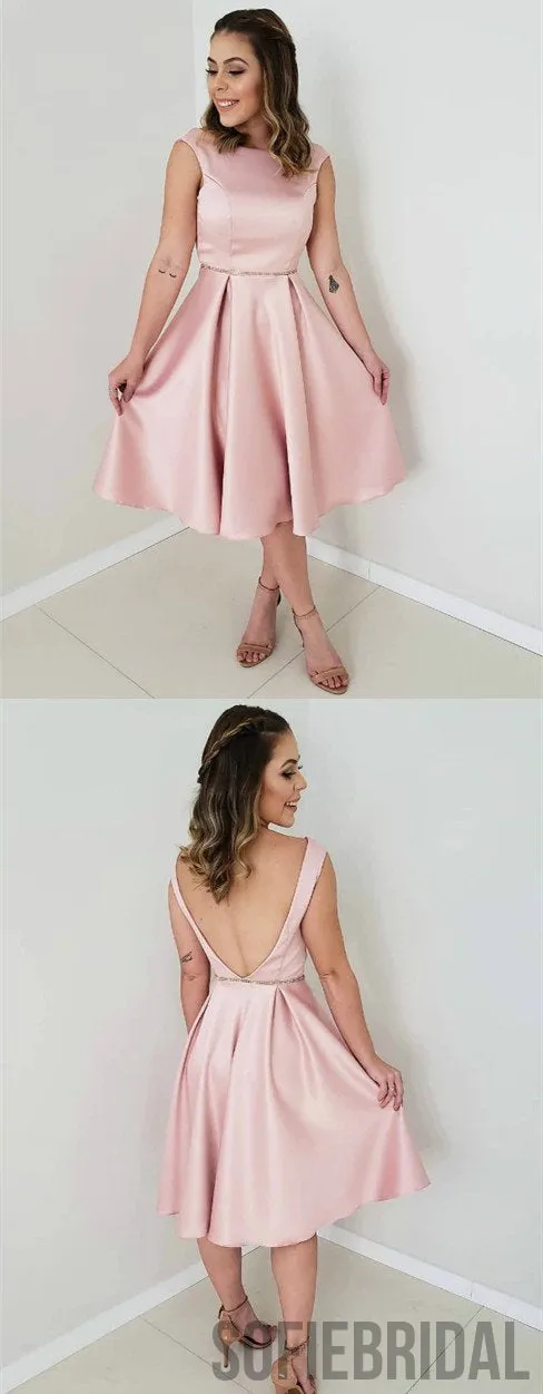 A-line Cap-sleeves Simple Pink Satin Long Homecoming Dress, HD0158