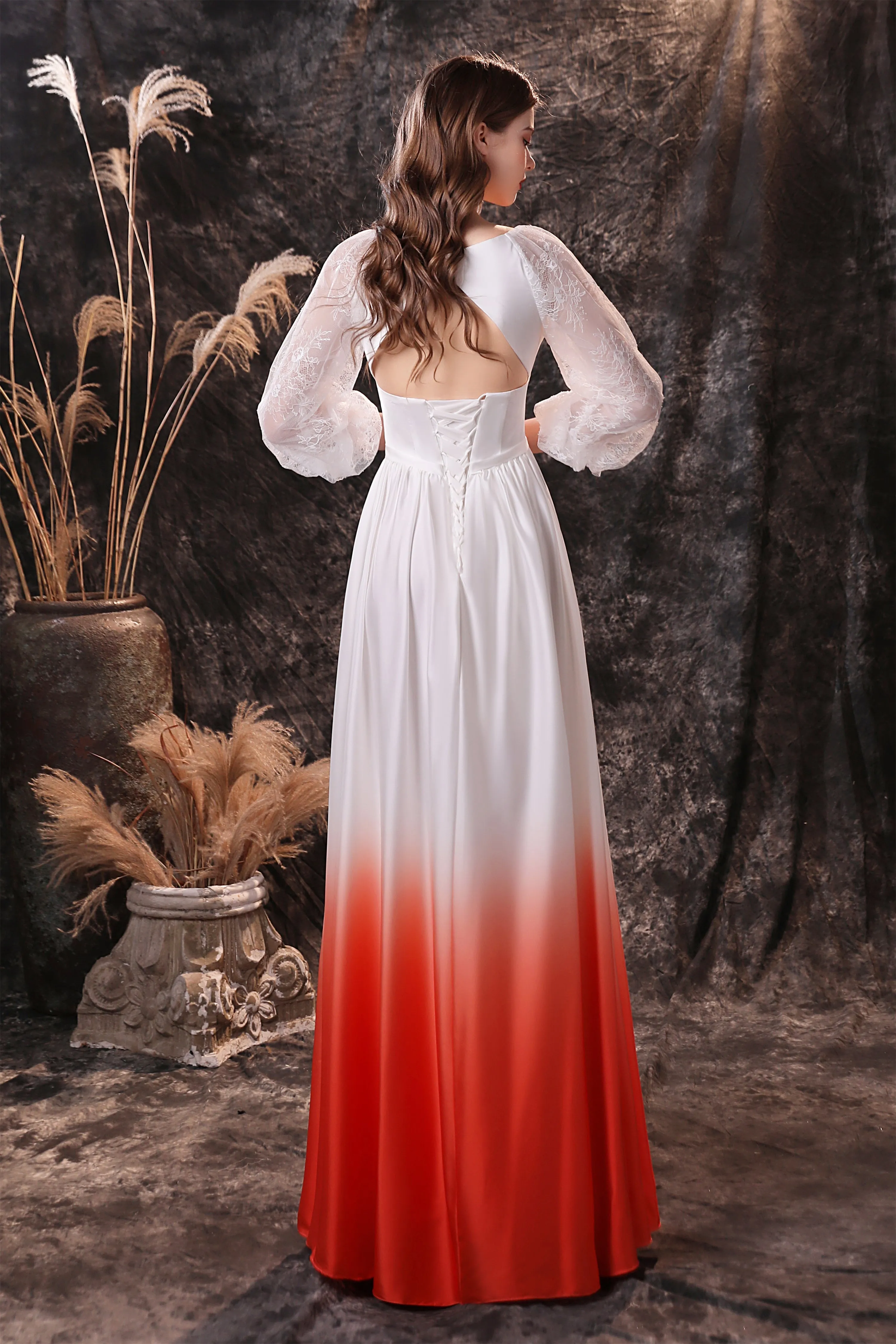 A Line Deep V-Neck Long Sleeve Ombre Silk Like Floor Length Prom Dresses