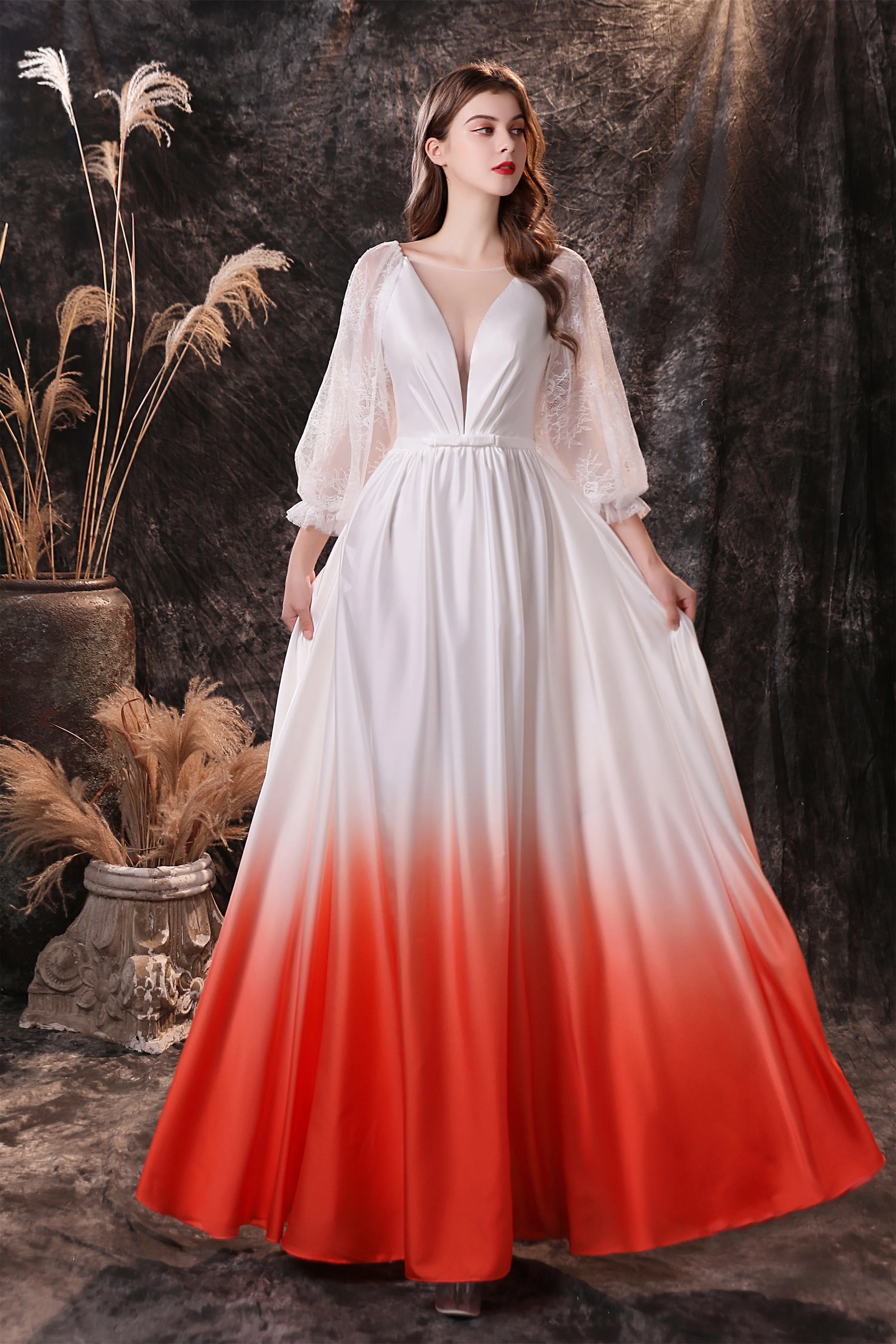 A Line Deep V-Neck Long Sleeve Ombre Silk Like Floor Length Prom Dresses