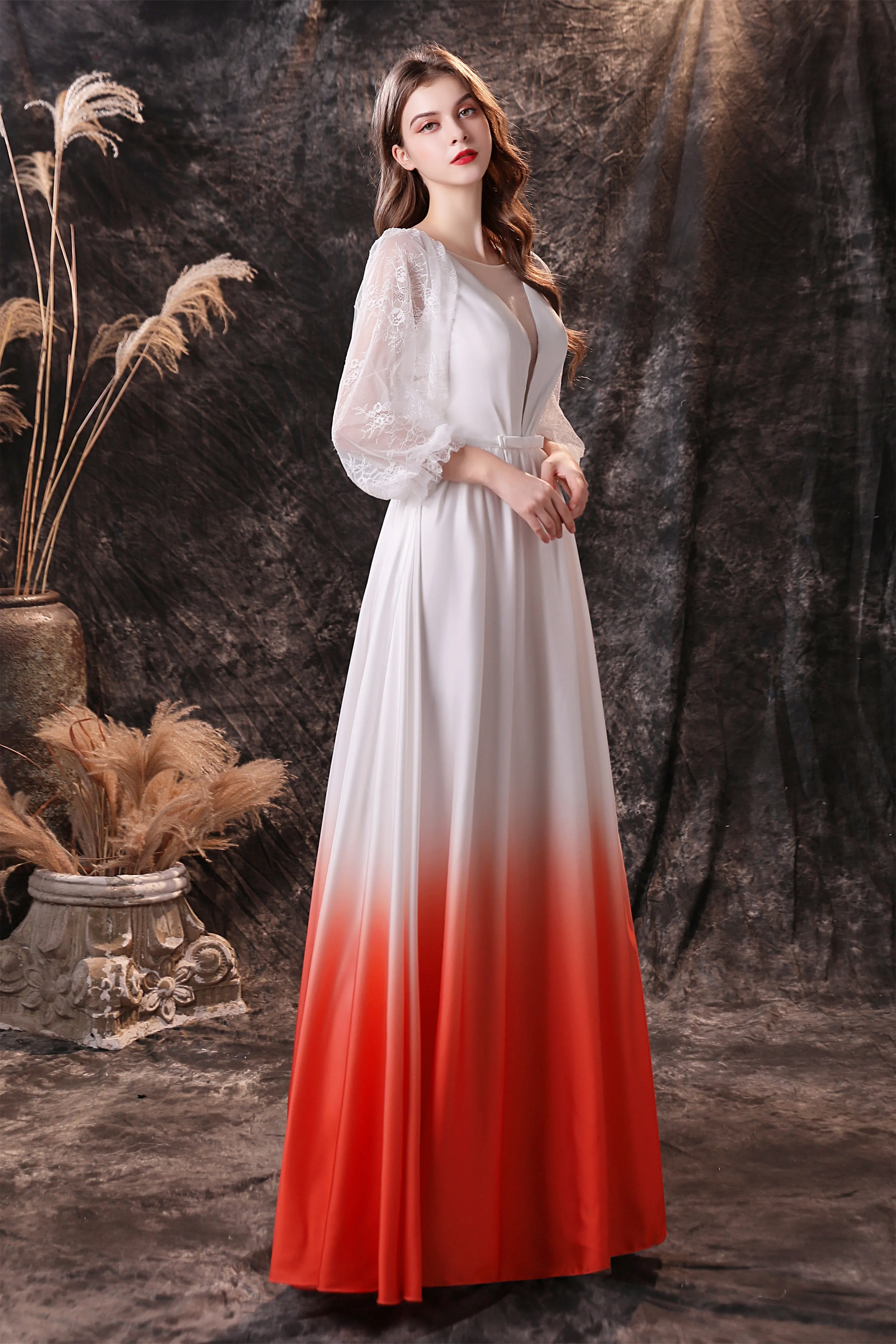 A Line Deep V-Neck Long Sleeve Ombre Silk Like Floor Length Prom Dresses