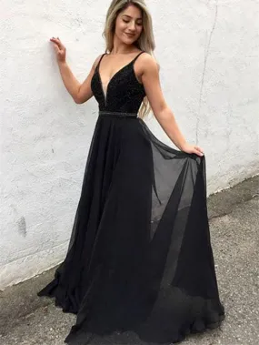 A-line Deep-V Sweep Train Rhine Stone Black Prom Dresses 3025