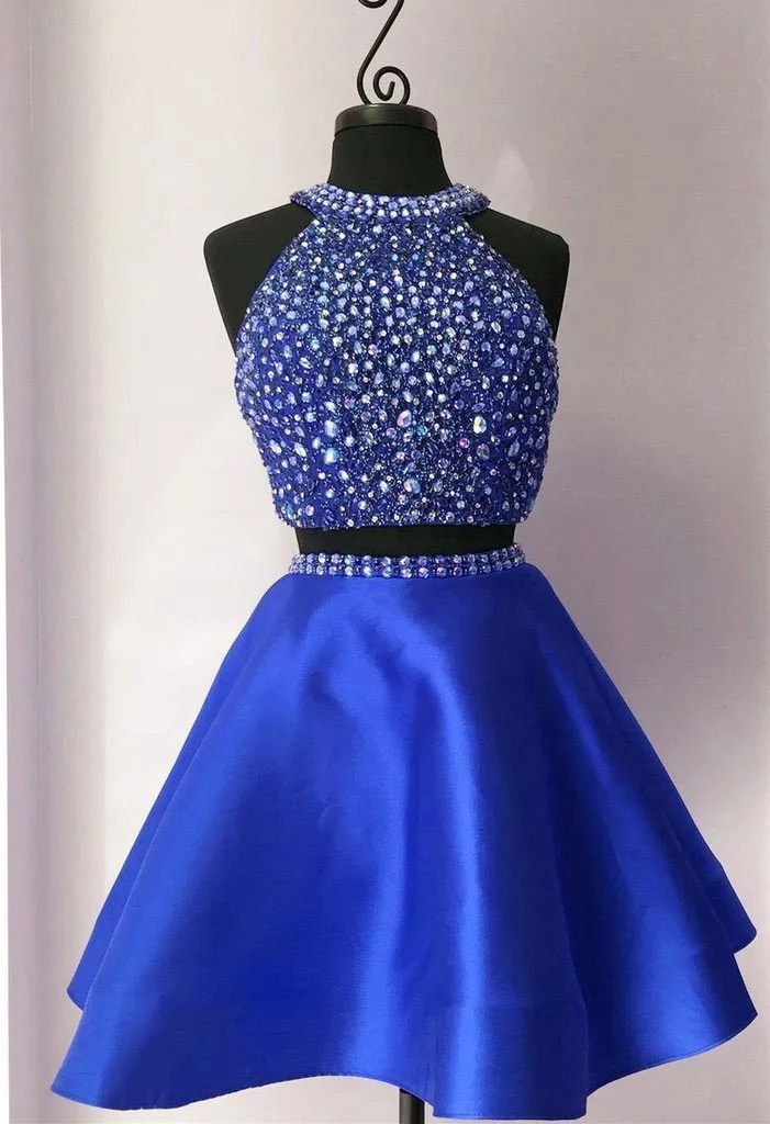 A-line Halter Mini Satin Red/Royal Blue/Purple Two Piece Homecoming Dresses With Rhine Stones APD2627