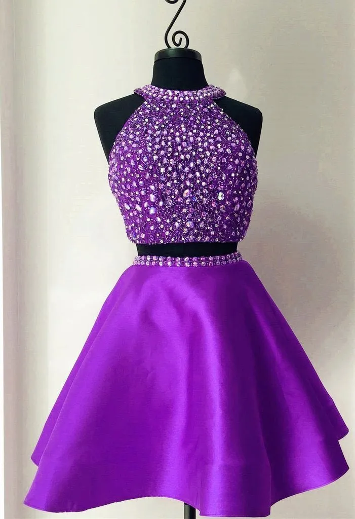 A-line Halter Mini Satin Red/Royal Blue/Purple Two Piece Homecoming Dresses With Rhine Stones APD2627