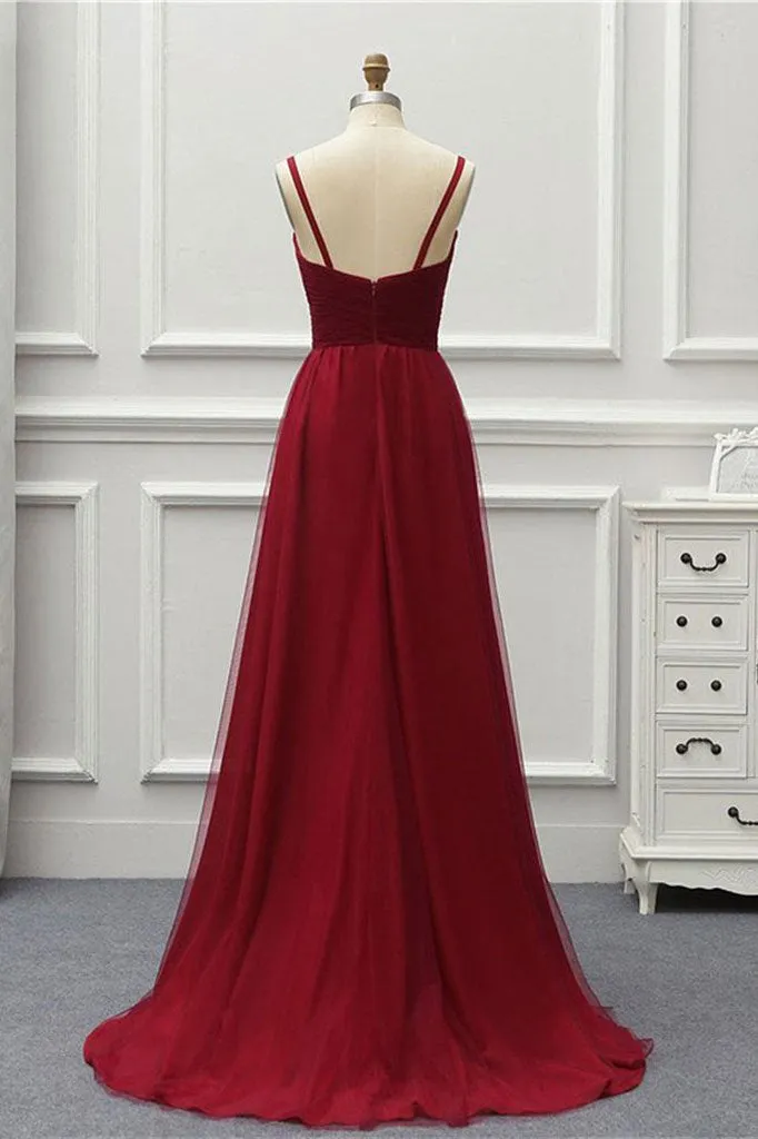 A Line High Low Tulle Prom Dress with Train, Burgundy V Neck Backless Formal Dress