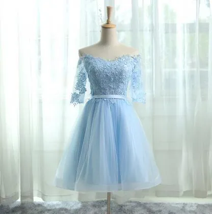 A-Line Off the Shoulder Half Sleeves Light Blue Tulle Homecoming Dress 2024 with Appliques