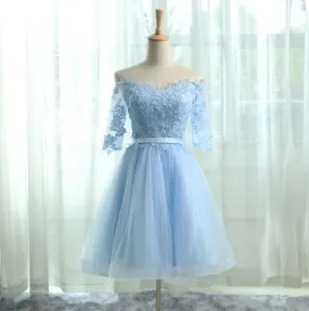 A-Line Off the Shoulder Half Sleeves Light Blue Tulle Homecoming Dress 2024 with Appliques