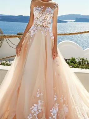 A-line Scoop-Neck Sweep Train Tulle Prom Dresses With Appliques HX00110