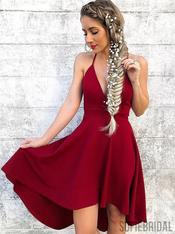 A-line Spaghetti Straps V-neck Red Simple Homecoming Dress, HD0130