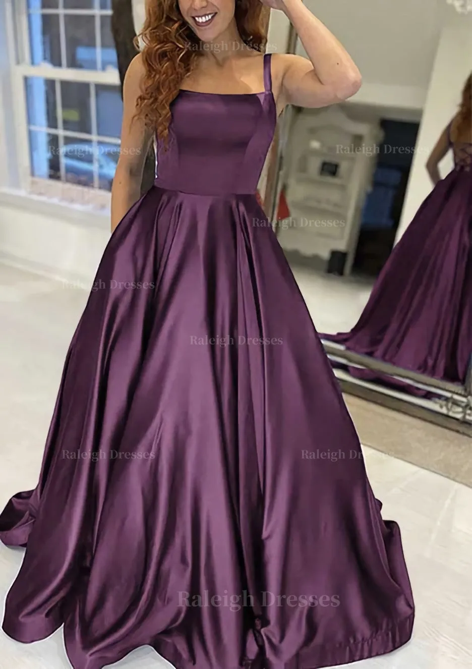 A-line Square Neckline Sleeveless Sweep Train Satin Prom Dress With Pockets