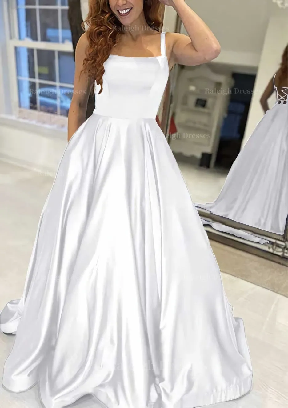 A-line Square Neckline Sleeveless Sweep Train Satin Prom Dress With Pockets