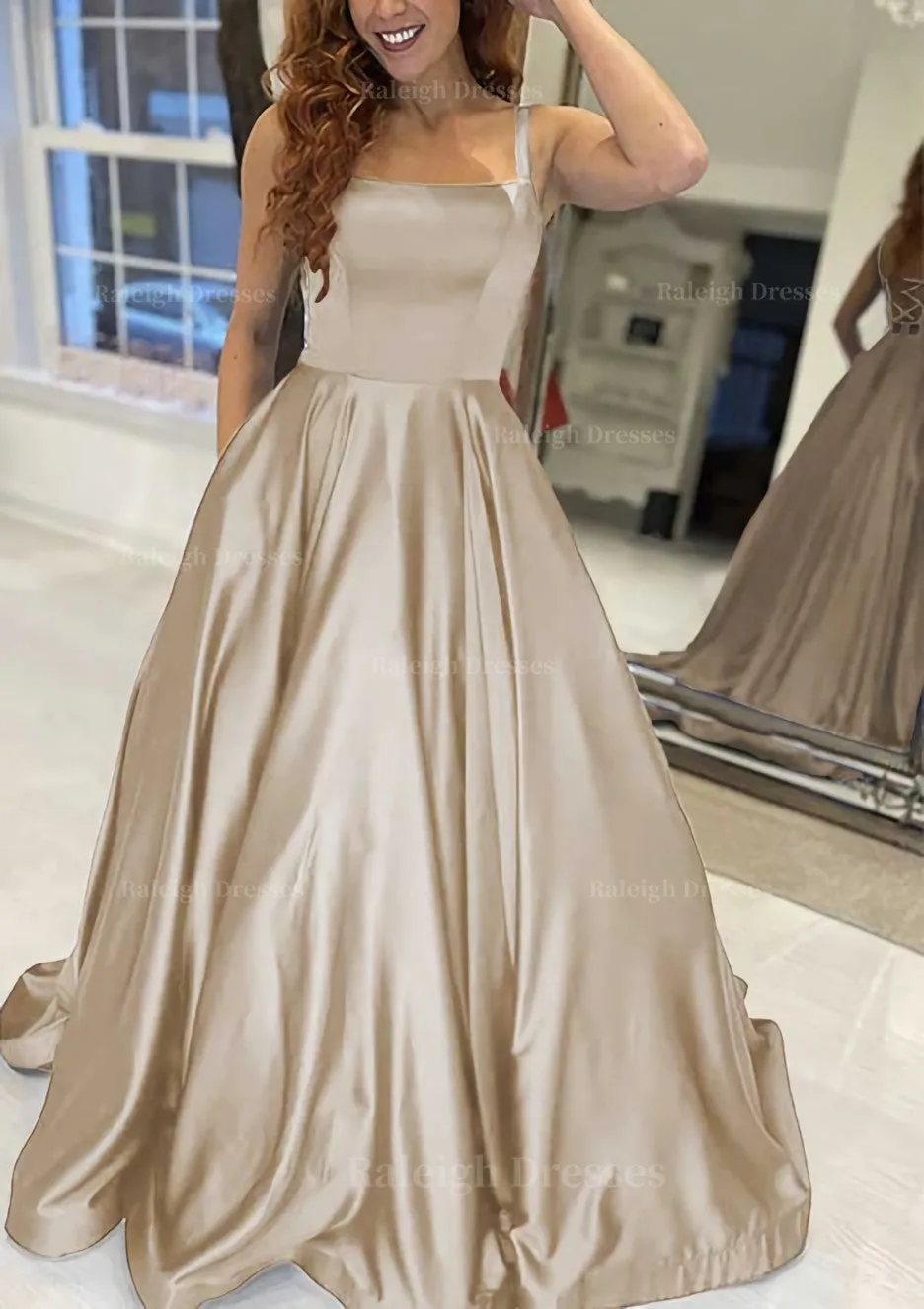 A-line Square Neckline Sleeveless Sweep Train Satin Prom Dress With Pockets