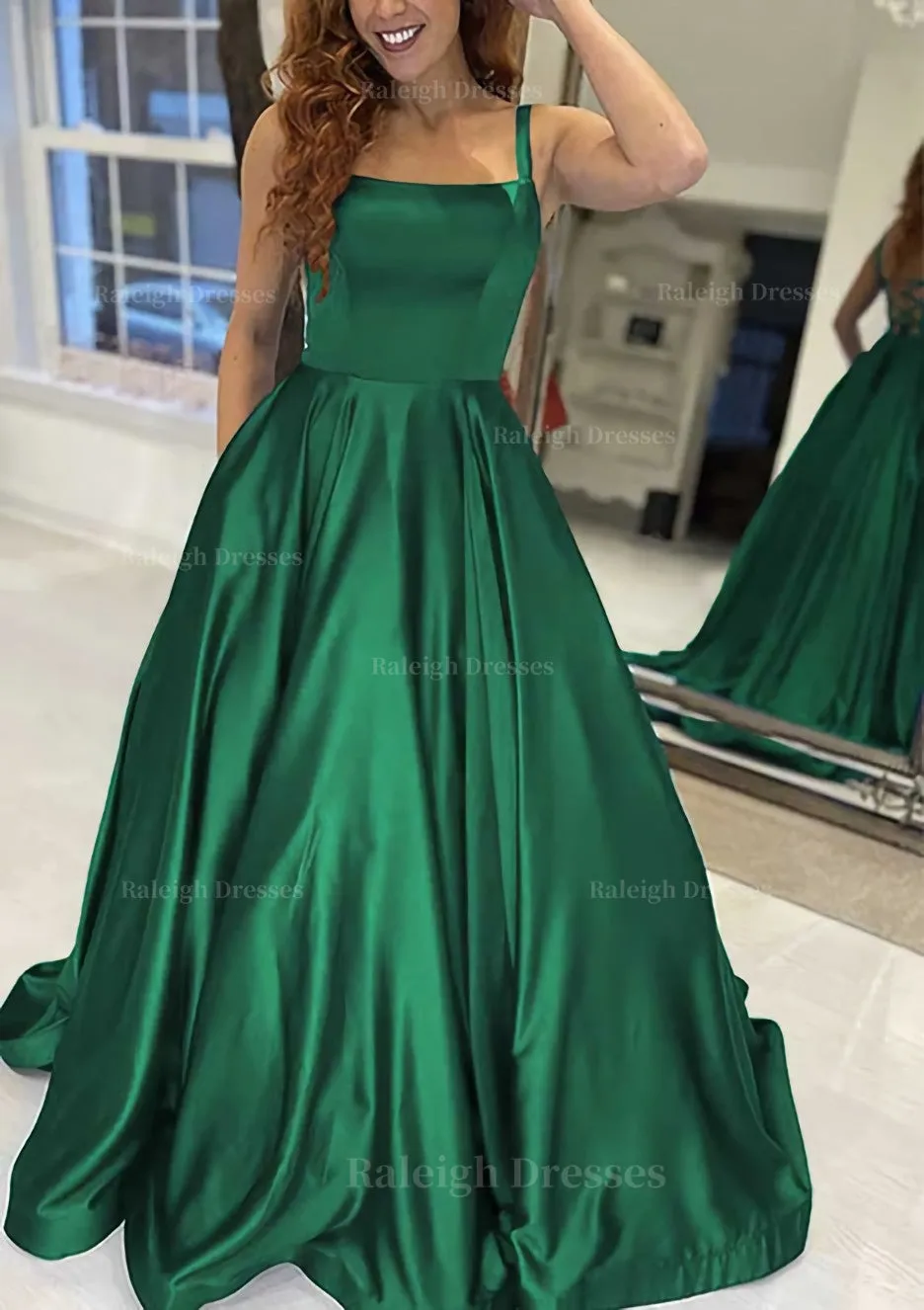 A-line Square Neckline Sleeveless Sweep Train Satin Prom Dress With Pockets