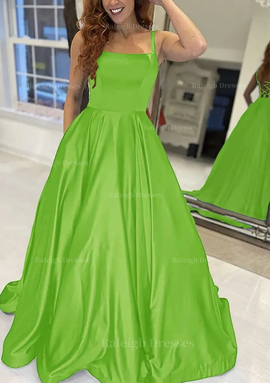 A-line Square Neckline Sleeveless Sweep Train Satin Prom Dress With Pockets