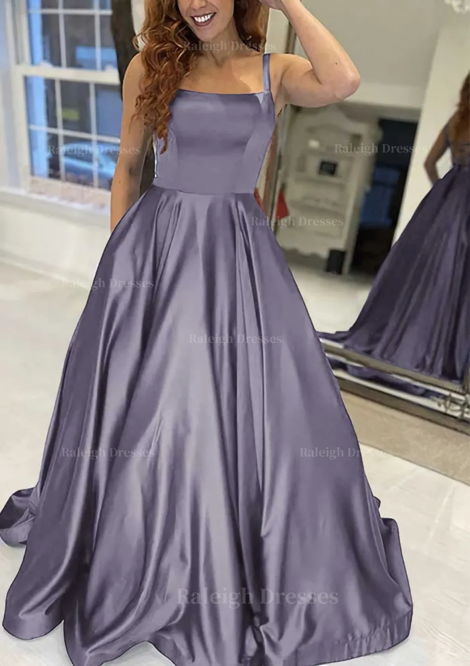 A-line Square Neckline Sleeveless Sweep Train Satin Prom Dress With Pockets