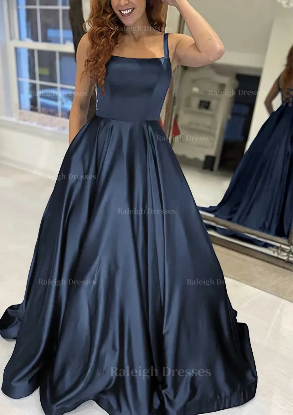 A-line Square Neckline Sleeveless Sweep Train Satin Prom Dress With Pockets