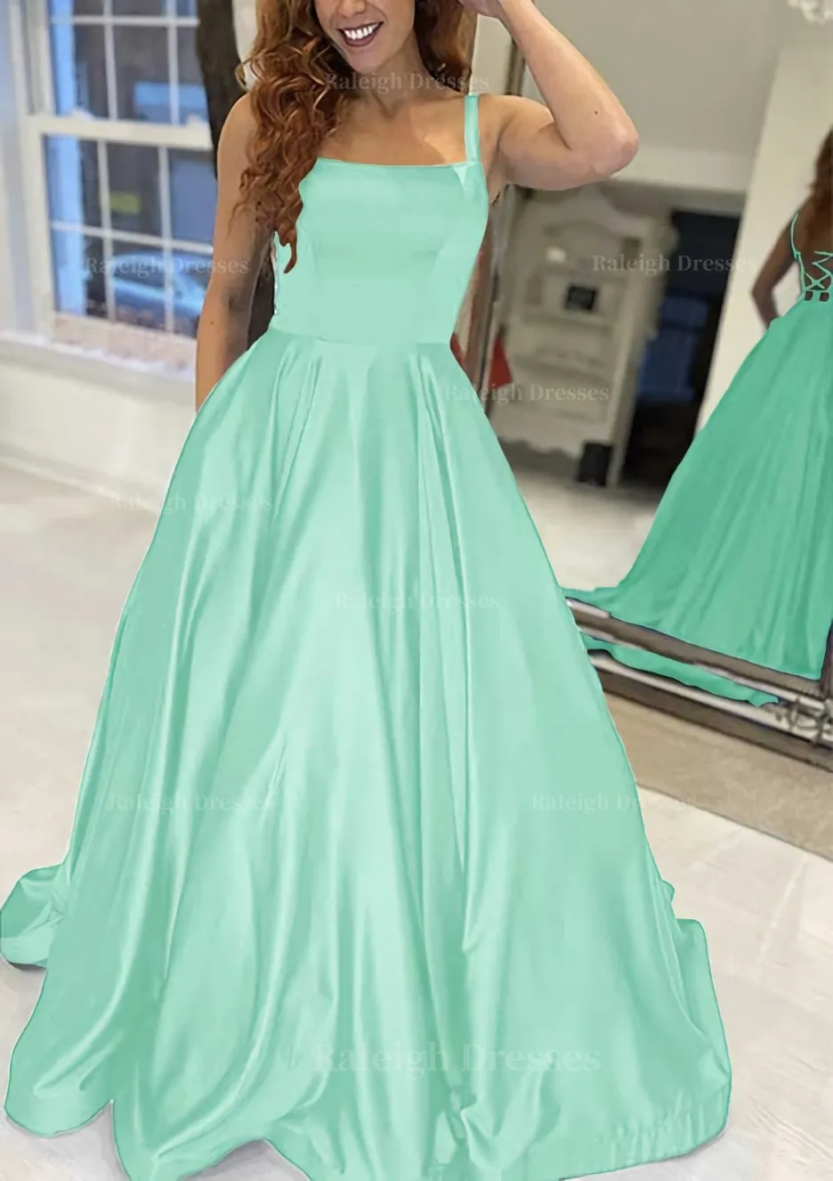 A-line Square Neckline Sleeveless Sweep Train Satin Prom Dress With Pockets