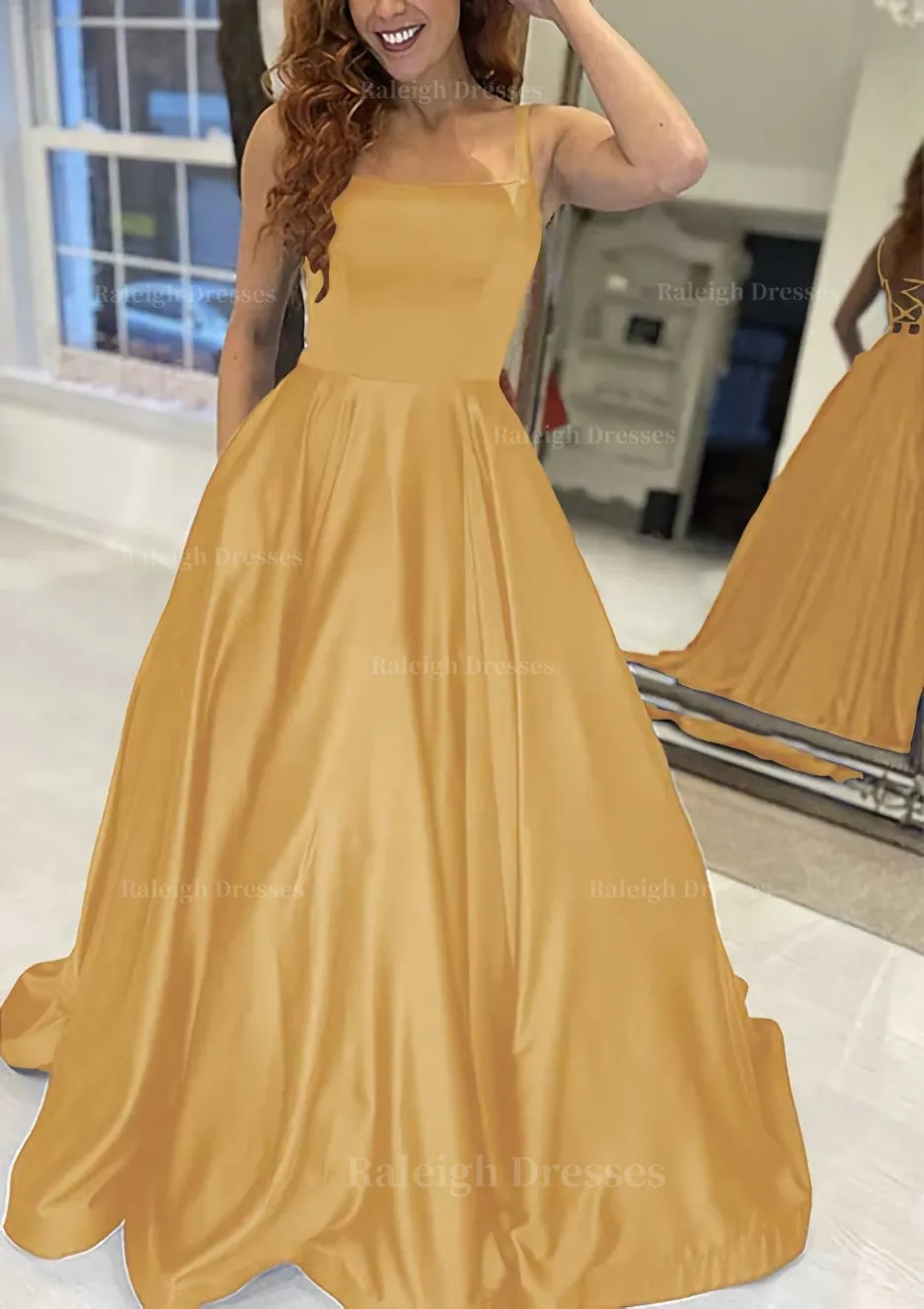 A-line Square Neckline Sleeveless Sweep Train Satin Prom Dress With Pockets