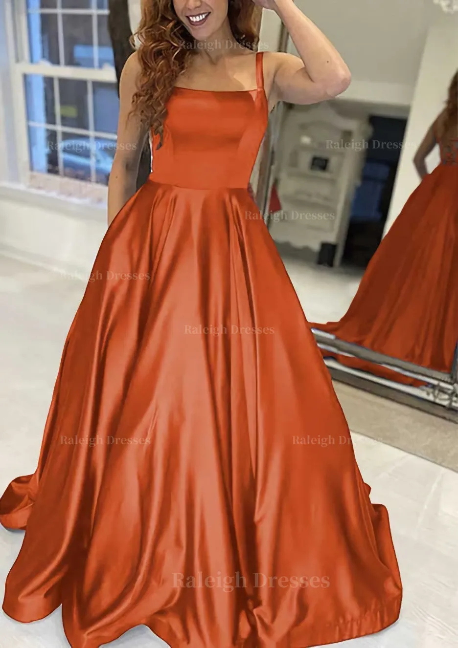 A-line Square Neckline Sleeveless Sweep Train Satin Prom Dress With Pockets