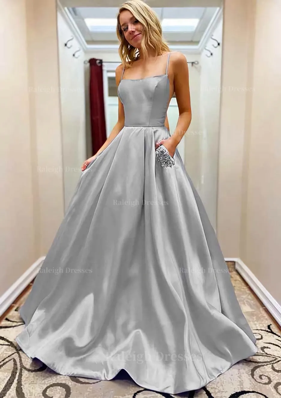 A-line Square Neckline Spaghetti Straps Sweep Train Satin Prom Dress With Beading Pockets