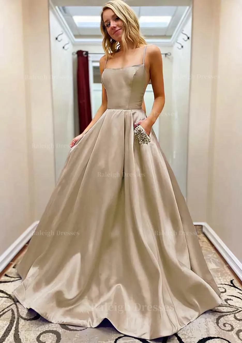 A-line Square Neckline Spaghetti Straps Sweep Train Satin Prom Dress With Beading Pockets