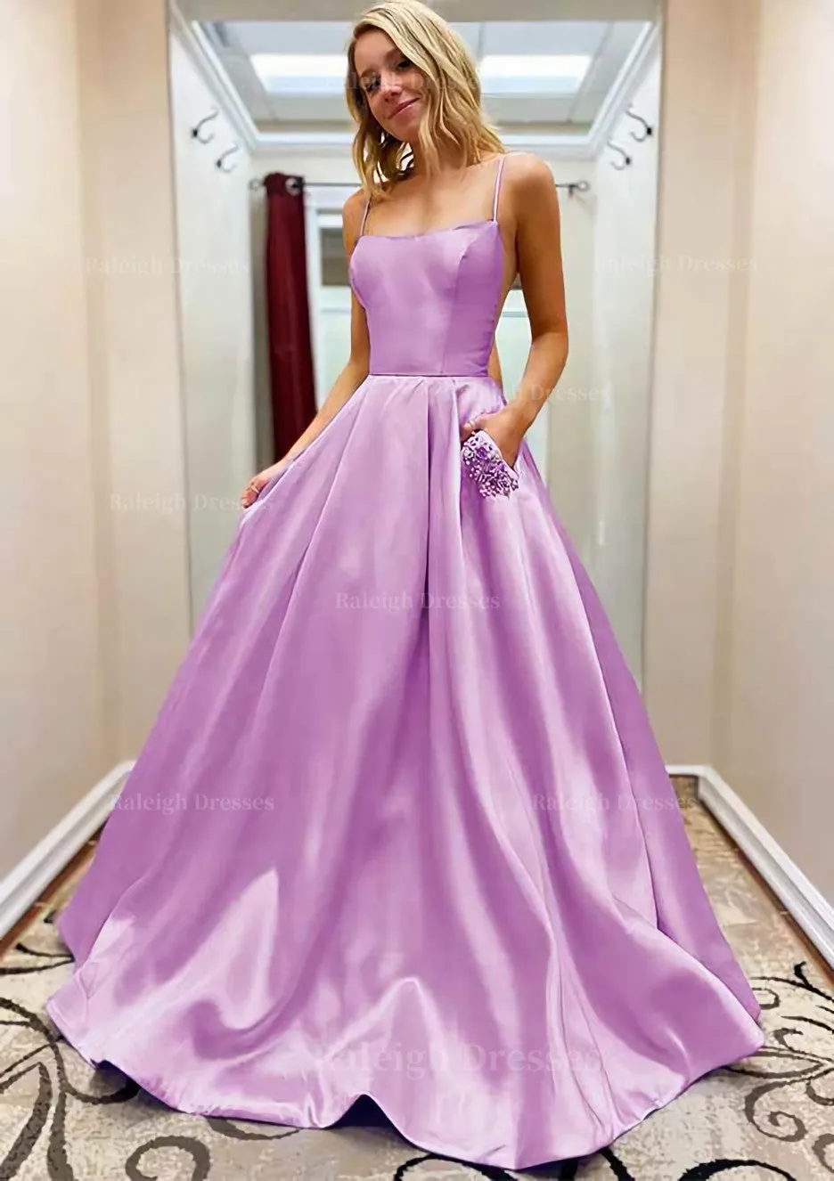 A-line Square Neckline Spaghetti Straps Sweep Train Satin Prom Dress With Beading Pockets