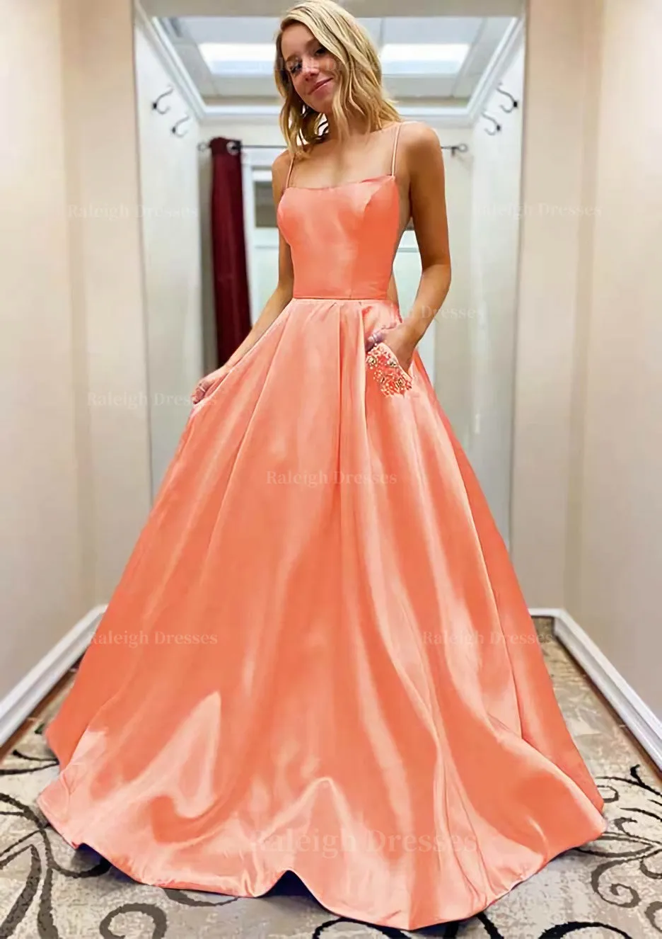 A-line Square Neckline Spaghetti Straps Sweep Train Satin Prom Dress With Beading Pockets