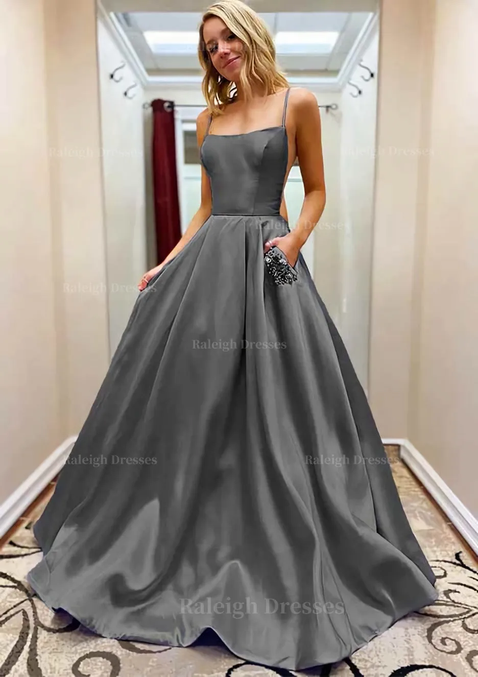 A-line Square Neckline Spaghetti Straps Sweep Train Satin Prom Dress With Beading Pockets