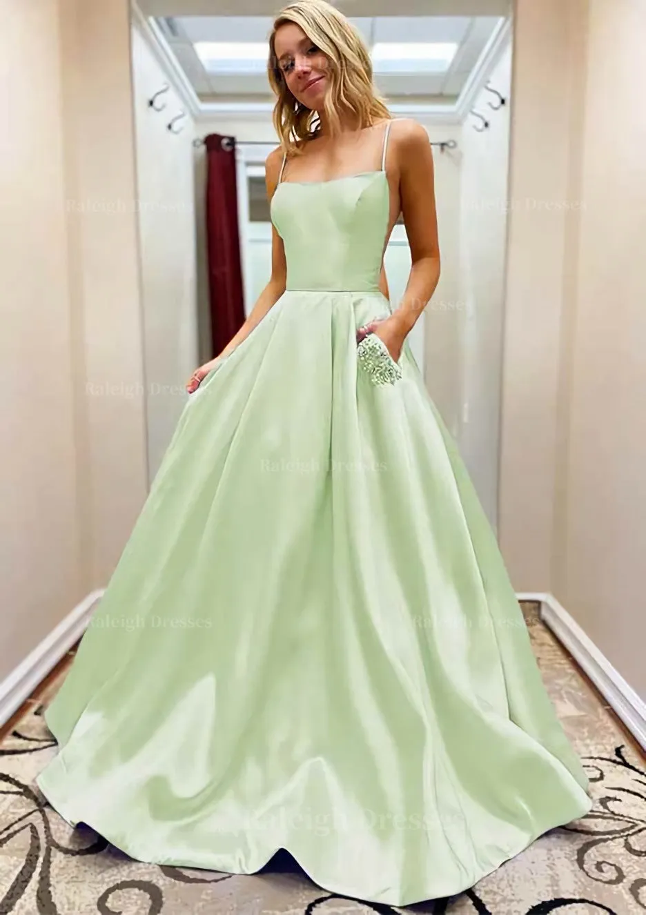 A-line Square Neckline Spaghetti Straps Sweep Train Satin Prom Dress With Beading Pockets