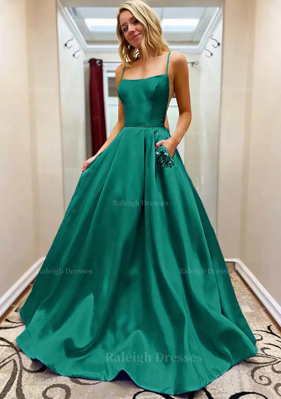 A-line Square Neckline Spaghetti Straps Sweep Train Satin Prom Dress With Beading Pockets