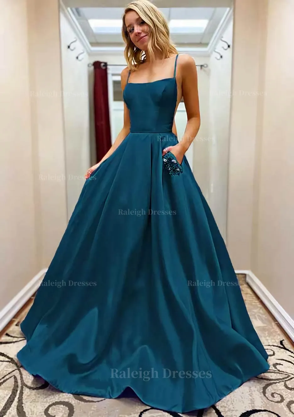 A-line Square Neckline Spaghetti Straps Sweep Train Satin Prom Dress With Beading Pockets