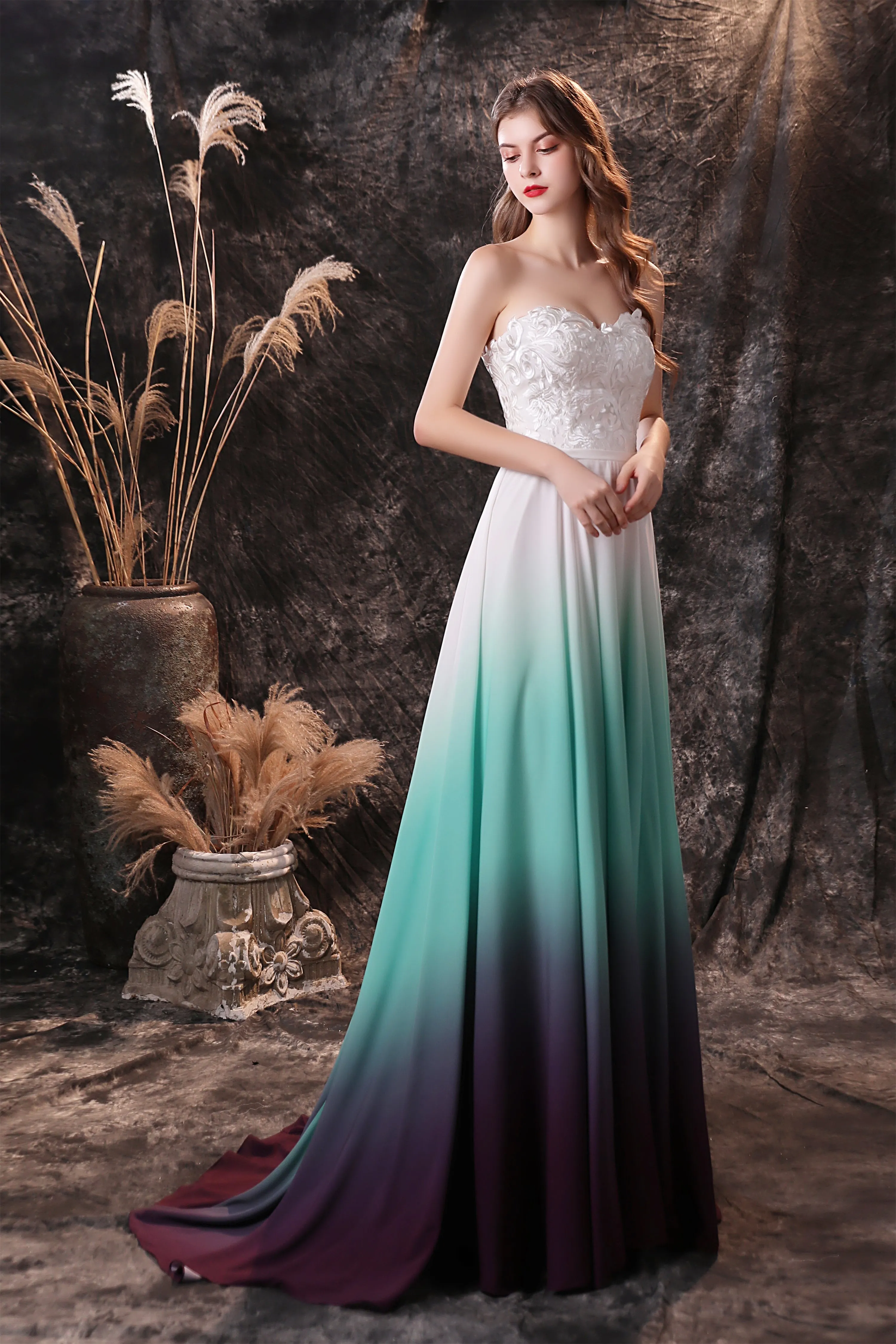 A Line Strapless Sleeveless Appliques Ombre Silk Like Satin Sweep Train Prom Dresses