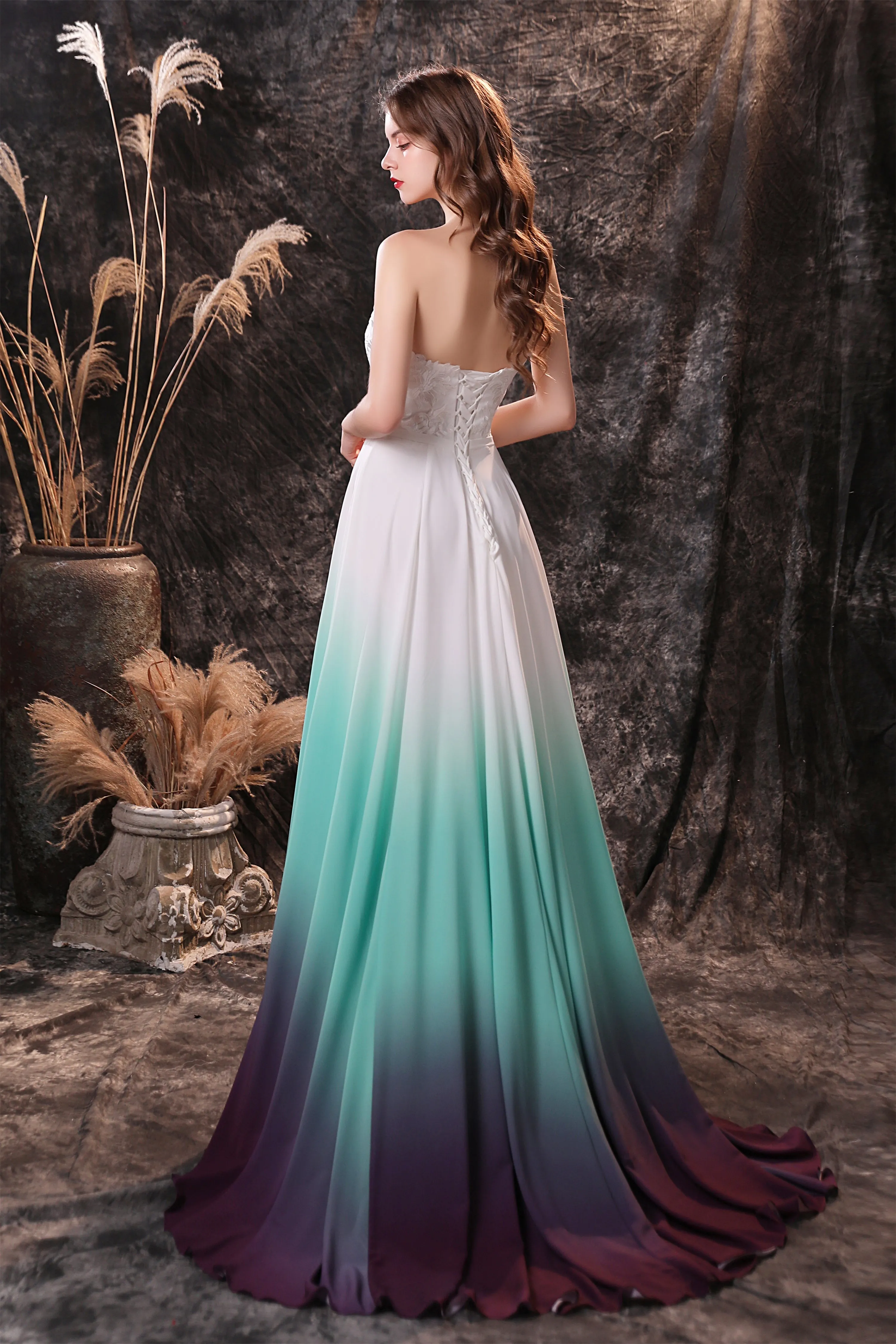 A Line Strapless Sleeveless Appliques Ombre Silk Like Satin Sweep Train Prom Dresses