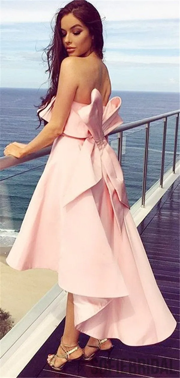 A-Line Strapless Strapless Pink Satin Bridesmaid Dresses With Bowknot, BD1057