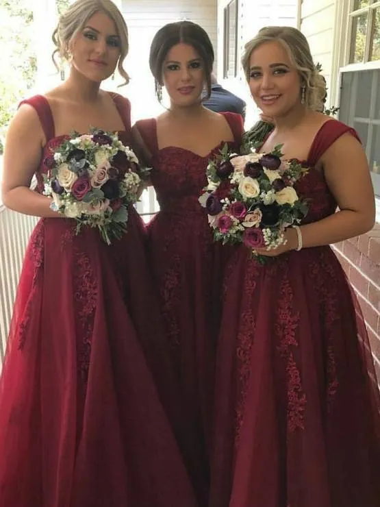 A-line Sweetheart Floor Length Tulle Maroon Bridesmaid Dresses HX0011