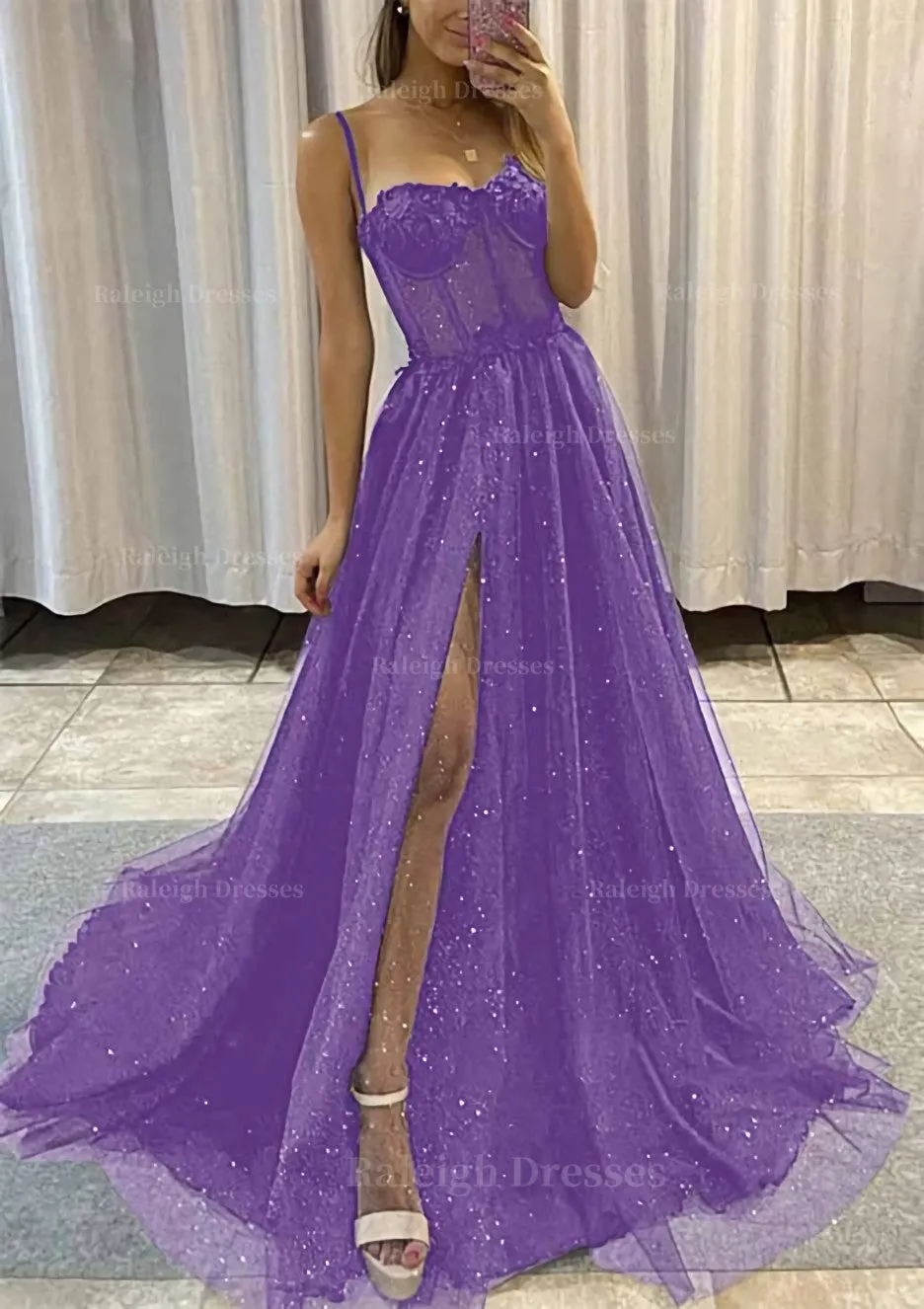 A-line Sweetheart Spaghetti Straps Sweep Train Tulle Glitter Prom Dress With Appliqued