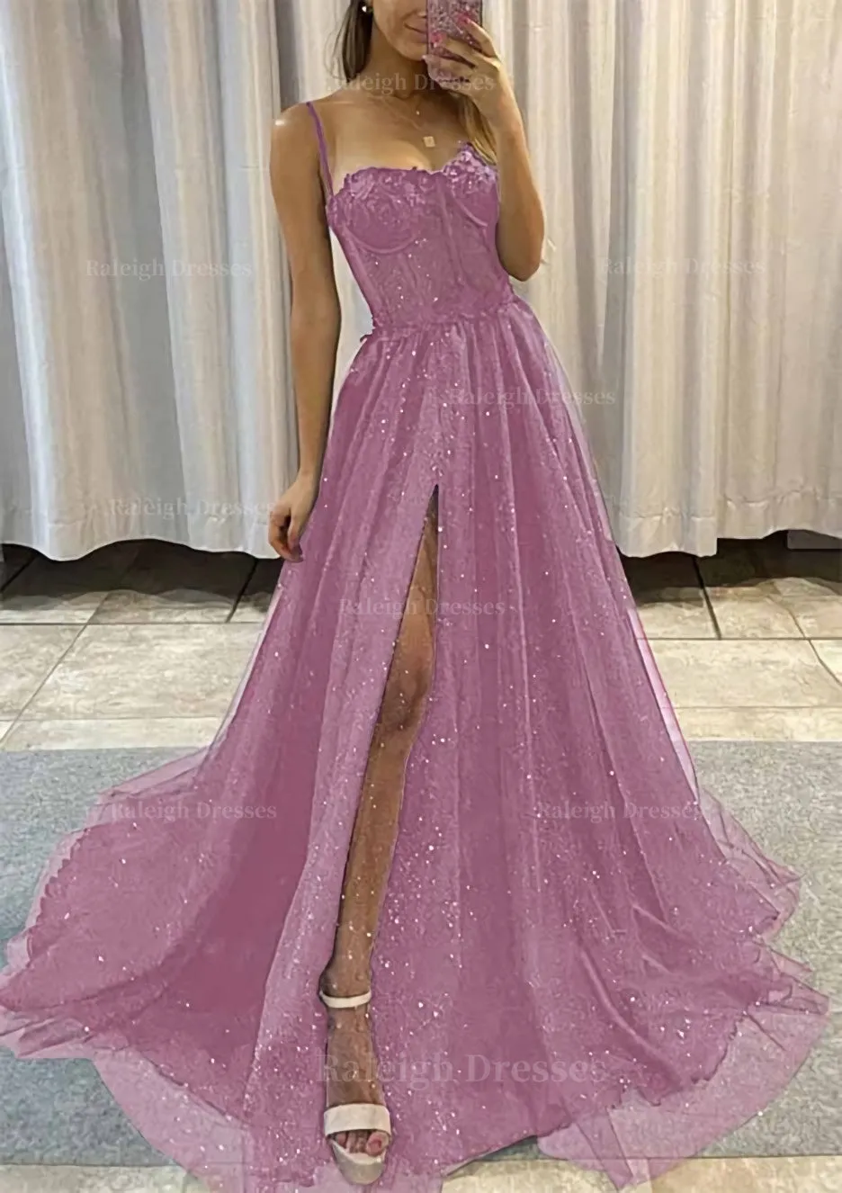 A-line Sweetheart Spaghetti Straps Sweep Train Tulle Glitter Prom Dress With Appliqued