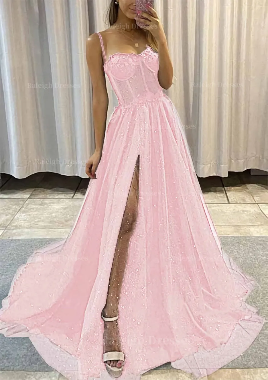 A-line Sweetheart Spaghetti Straps Sweep Train Tulle Glitter Prom Dress With Appliqued